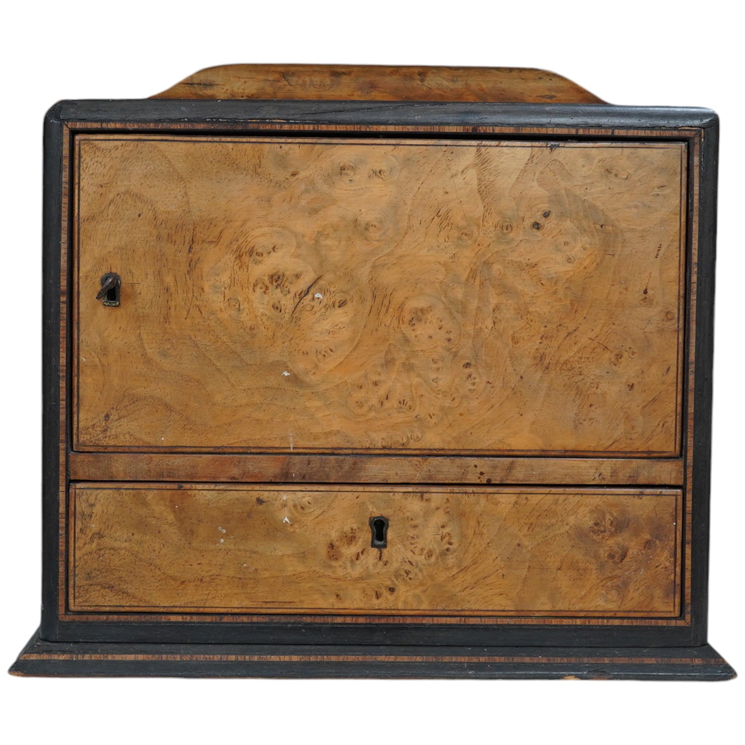 A Victorian burr walnut workbox, with blue silk semi-circular sewing drawer. 29cm wide, 26cm high. Condition - fair